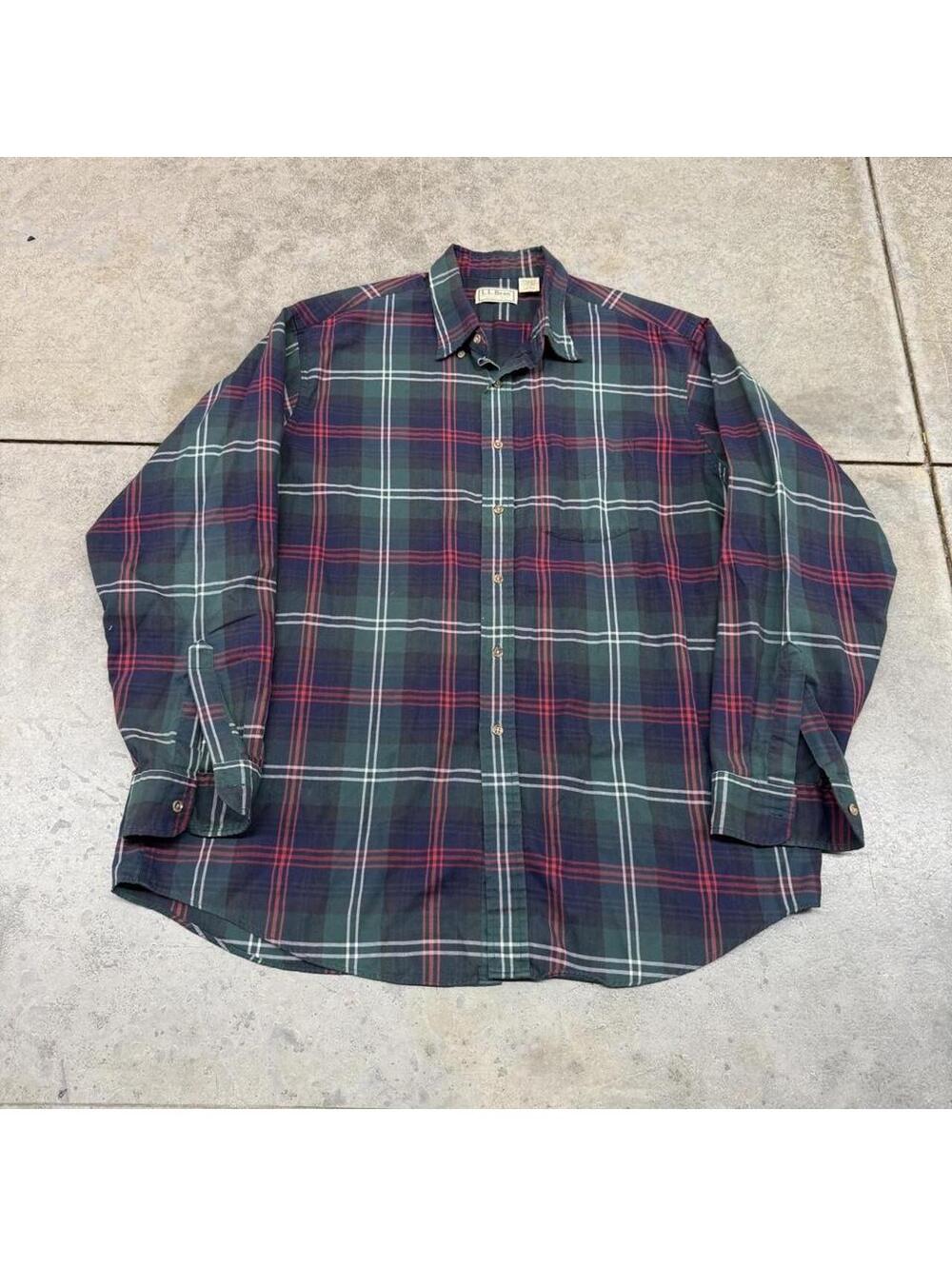 vintage l.l. bean made in usa navy green and red plaid flannel shirt size xl